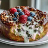 Freshly baked protein pancake bowl in a white ramekin, overflowing with plump blueberries and a dollop of creamy Greek yogurt, offering a nutritious morning meal.