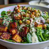 Golden roasted sweet potato and chickpea bowl topped with fresh avocado slices, toasted pumpkin seeds, and cilantro served on a white plate.