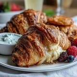 Elegant brunch spread featuring assorted pastries, colorful berries, and champagne mimosas on a wooden board.