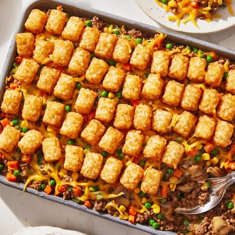 A spoon lifts a cheesy portion from the baked Tater Tot Casserole, revealing a savory filling.