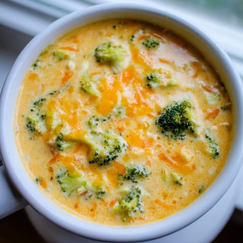 Hot cheddar broccoli soup topped with shredded cheese and cracked black pepper.