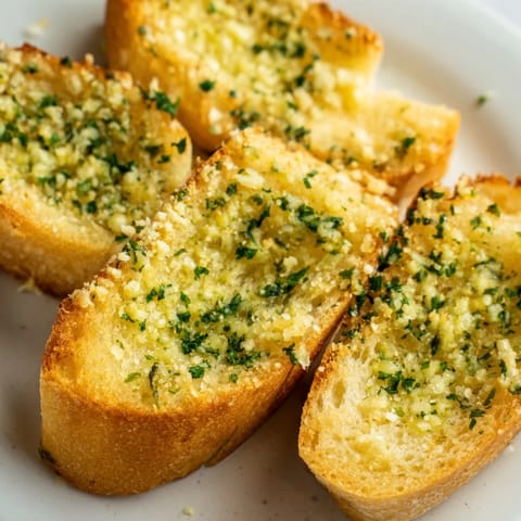 Freshly baked Garlic Bread topped with parsley, ready to serve with pasta.
