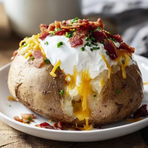 Freshly baked loaded baked potato stuffed with buttery sour cream and crispy bacon, served hot with melted cheese and green chives.