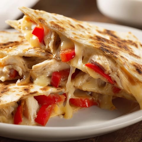 Crispy flour tortilla filled with sautéed peppers, onions, and spiced chicken, sliced on a wooden board.