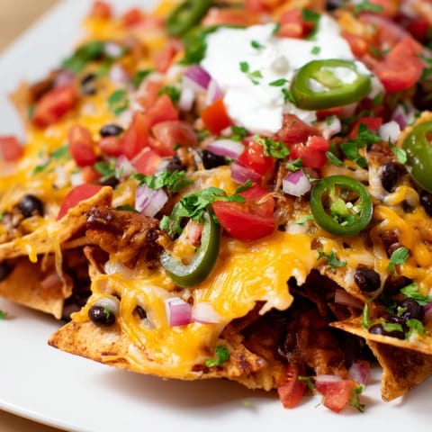 Tortilla chips piled high with seasoned ground beef, gooey melted cheese, diced avocado, and fresh pico de gallo, perfect for sharing at a party.