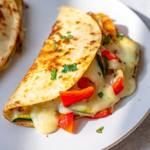 Crispy homemade quesadillas stuffed with gooey Monterey Jack cheese, fresh zucchini, and red onion, ready to eat with a side of sour cream.