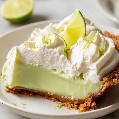 A slice of Key Lime Pie on a plate, topped with fluffy whipped cream and fresh lime zest, ready to serve.