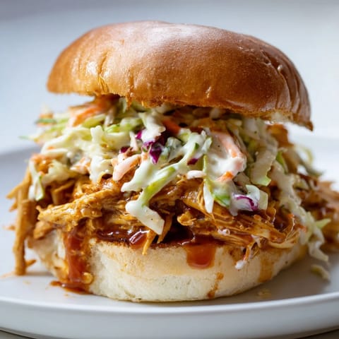Golden brioche bun stuffed with smoky pulled barbecue chicken, layered with vibrant, creamy slaw, a hearty American dinner.  