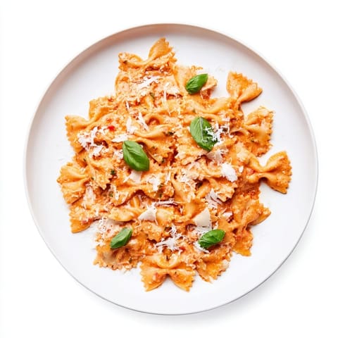 A close-up of silky tomato sauce coating every bowtie pasta ridge, with grated Parmesan and a sprinkle of red pepper flakes.