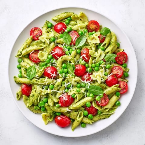 Close-up of Green Pesto Pasta Salad with glistening basil pesto coating each pasta twist and vibrant peas throughout.  