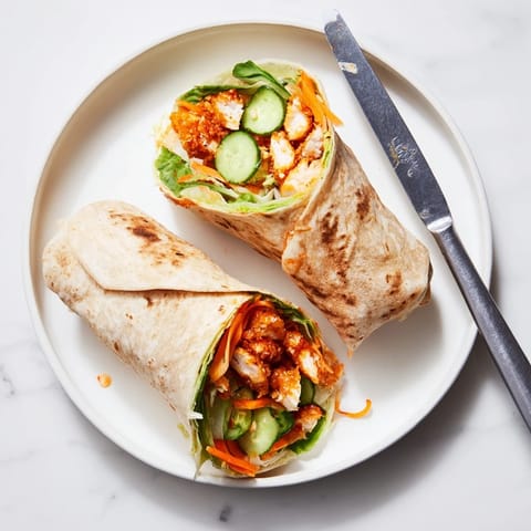 Plated on a light board, the Honey Chili Crunch Chicken Wrap shows golden chicken pieces glistening with sauce, bright veggies, and a sprinkle of scallions, ready for lunch.