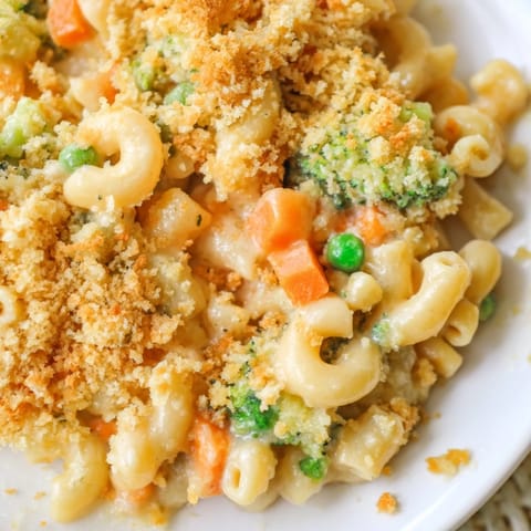 Creamy Garden Veg Mac and Cheese is baked in a white dish, topped with crunchy panko breadcrumbs.