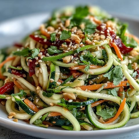 A vibrant serving of Raw Vegetable Noodle Salad features spiralized zucchini and carrots tossed in a zesty sesame-ginger dressing.