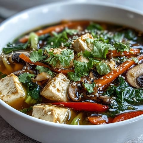 Steaming Tofu and Vegetable Soup served in a ceramic bowl, garnished with fresh cilantro and toasted sesame seeds for a flavorful finish.