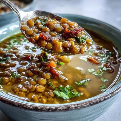 Golden-brown mung beans simmer in a spiced tomato broth, with diced carrots and onions visible in this nourishing Indian Mung Bean Soup.