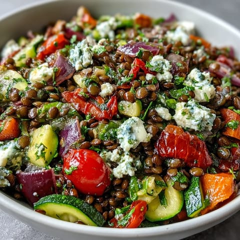 Black Lentil Salad with Roasted Vegetables served in a rustic bowl, topped with fresh parsley, halved cherry tomatoes, and optional crumbled feta cheese for a Mediterranean meal.