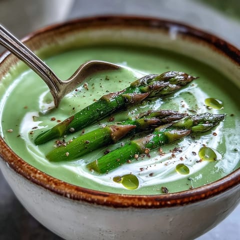 Creamy green asparagus soup garnished with tender tips and fresh chives, served in a rustic white bowl.  