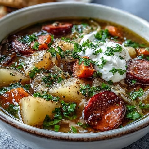 A steaming bowl of Sauerkraut Soup garnished with fresh parsley and a dollop of sour cream, highlighting the fermented cabbage and vegetables in a rustic setting.  