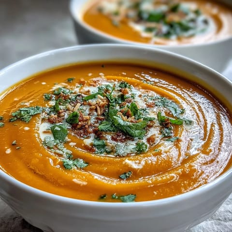 A steaming bowl of Carrot and Coconut Soup garnished with fresh cilantro and toasted coconut flakes, perfect for a cozy meal.  