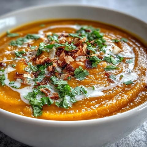 Vibrant orange Carrot and Coconut Soup in a rustic bowl, garnished with cilantro and coconut flakes on a wooden table.  