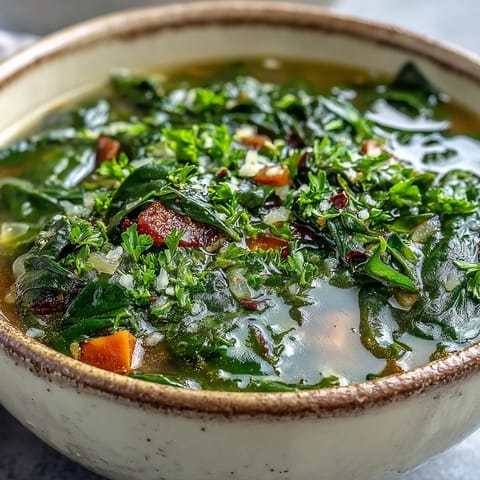 Homemade Swiss Chard Soup served hot, garnished with fresh parsley and optional Parmesan cheese.