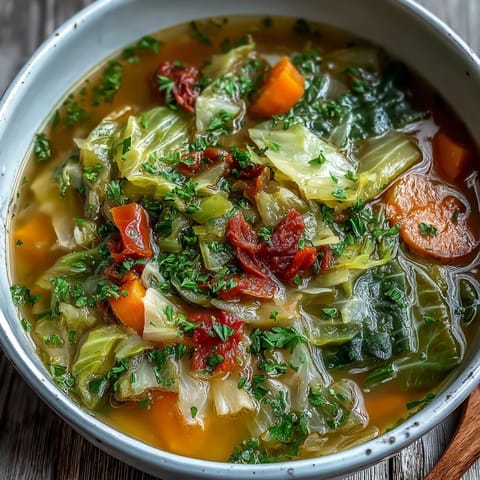 Bright orange carrots, red bell peppers, and green cabbage simmer in a large pot of vegan soup.