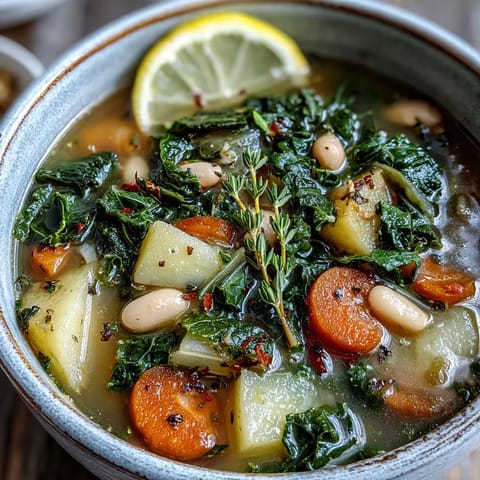 A bowl of hearty Kale Soup with tender kale, carrots, and creamy white beans in a savory vegetable broth.