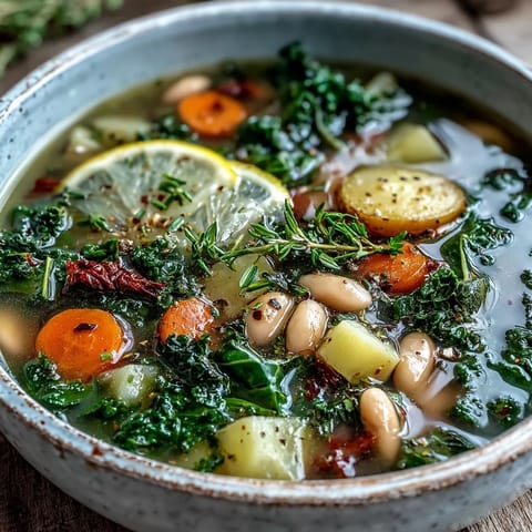 Steaming Kale Soup in a rustic pot features chopped kale, diced potatoes, and carrots for a wholesome dinner.