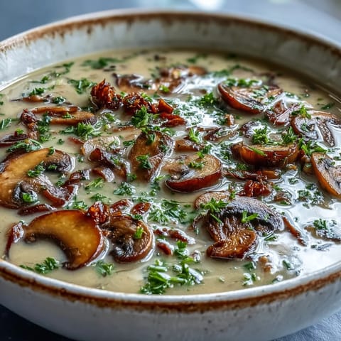 A close-up of creamy Mushroom Soup garnished with fresh parsley in a rustic white bowl.