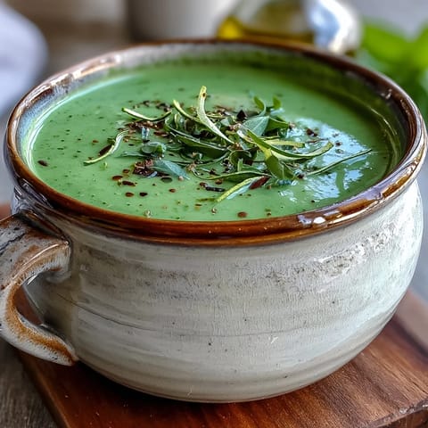 Homemade Zucchini Soup in a white bowl, garnished with chopped parsley and a lemon zest.  