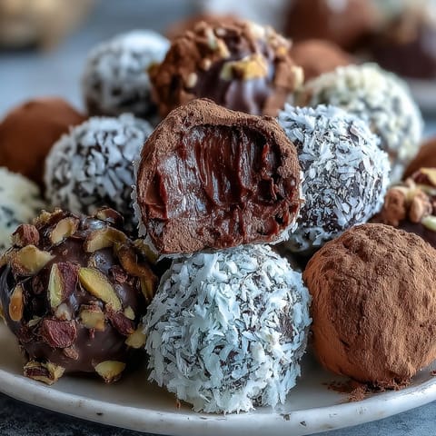 Rich, creamy Chocolate Truffles dusted with cocoa powder arranged on a white plate for an elegant dessert.