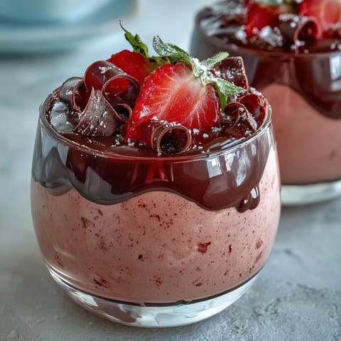 Clear glass cups display layered Chocolate-Covered Strawberry Mousse with bright pink mousse and glossy dark chocolate on top. Each layer shows the airy strawberry base topped with a rich chocolate ganache, creating a decadent yet refreshing dessert. The creamy dessert is garnished with fresh strawberry halves and shaved chocolate for added texture and visual appeal. Perfect for a romantic date night dessert or an elegant dinner party treat, served chilled and ready to enjoy.