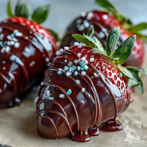 Glossy chocolate-covered strawberries with stems ready for a romantic dessert platter.