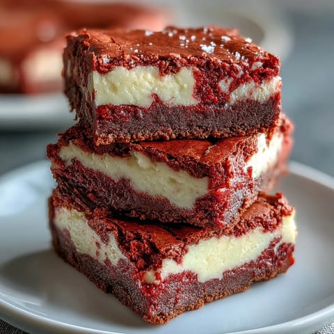 Festive red velvet cheesecake brownies served with a cold glass of milk for dipping.
