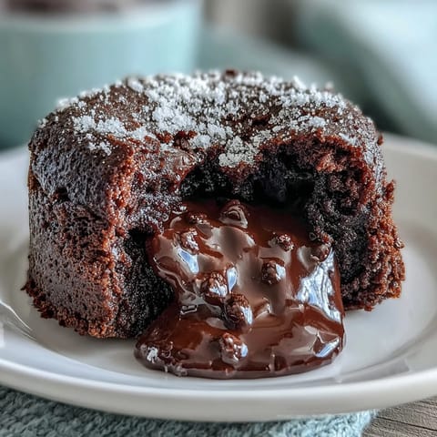 Freshly baked Chocolate Lava Cakes with espresso powder sit on a white plate, revealing a rich, molten chocolate center and a dusting of powdered sugar.