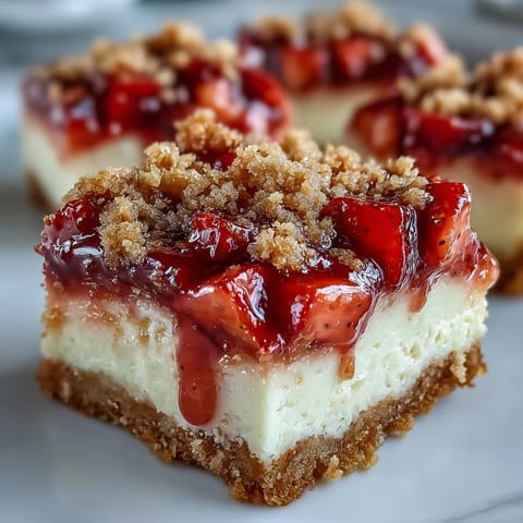 Golden, crumbly cinnamon streusel blankets the creamy Strawberry Cheesecake Bars with fresh berry pieces on top.