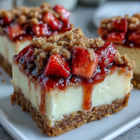Fresh diced strawberries and a buttery crumble top these chilled Strawberry Cheesecake Bars on a white plate.