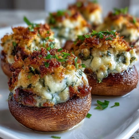 Close-up of Stuffed Asiago-Basil Mushrooms showcasing creamy filling and melty Asiago cheese topping. 