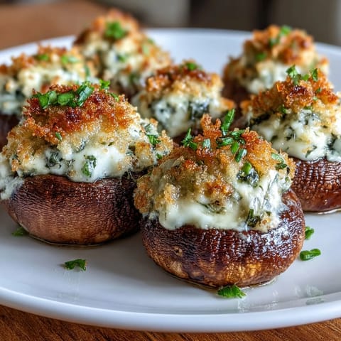 Golden-brown Stuffed Asiago-Basil Mushrooms resting on a parchment-lined platter, garnished with fresh basil leaves. 