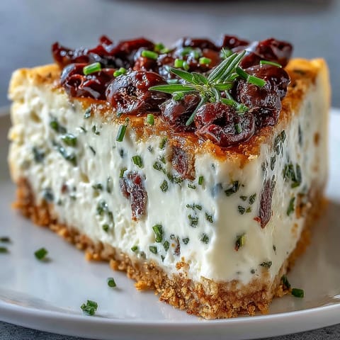 Golden-brown Kalamata Cheesecake Appetizer garnished with fresh parsley and Kalamata olive slices on a wooden board.