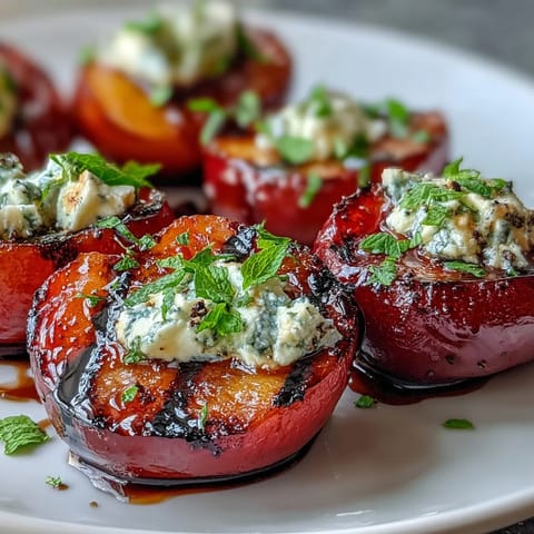 Freshly grilled plums with golden marks topped with creamy goat cheese and a drizzle of balsamic glaze on a rustic platter.
