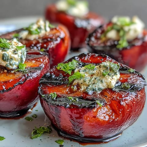 Warm grilled plum halves garnished with fresh mint, served as a vibrant vegetarian appetizer or light dessert.