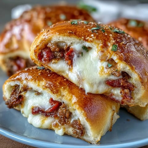 Savory Irresistible High Protein Pepperoni Pizza Rolls reveal melty mozzarella and pepperoni inside soft, protein-rich dough.
