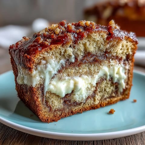 Freshly baked Cream Cheese Cinnamon Swirl Banana Bread loaf on a rustic wooden board, garnished with sliced bananas and walnuts.