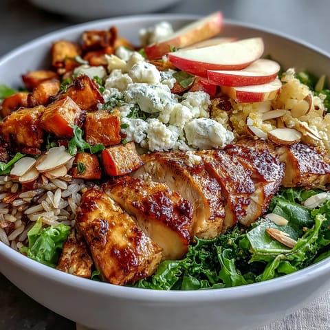 A colorful Harvest Bowl featuring roasted sweet potatoes, sliced chicken, kale, wild rice, and a sweet-tart apple.