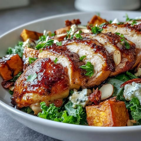 A vibrant Fall Sweet Potato Harvest Bowl featuring tender chicken, toasted almonds, and a drizzle of balsamic. 
