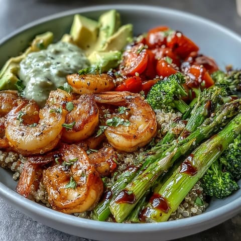 Brightly colored Rainbow Vegetable Detox Bowl with sautéed shrimp, quinoa, blanched broccoli, and avocado slices on a white plate.