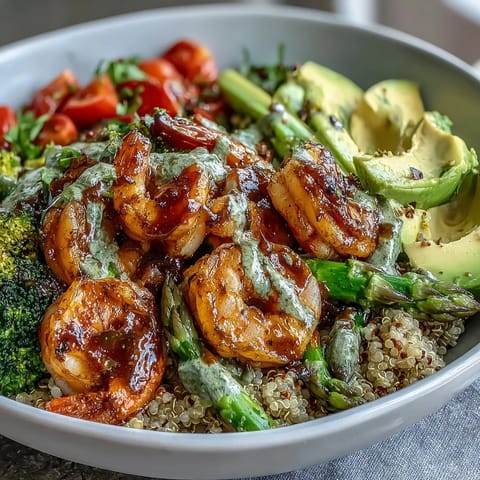 Rainbow Vegetable Detox Bowl topped with roasted vegetables, juicy shrimp, and tangy balsamic drizzle, ready to enjoy for lunch.