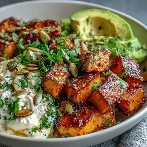 Roasted sweet potatoes with crispy edges and creamy avocado in a Hot Honey Sweet Potato Bowl.