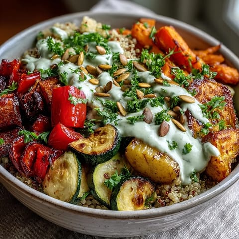 Warm Roasted Vegetable Quinoa Bowl garnished with parsley and pumpkin seeds, drizzled with creamy tahini sauce for a Mediterranean-inspired meal.